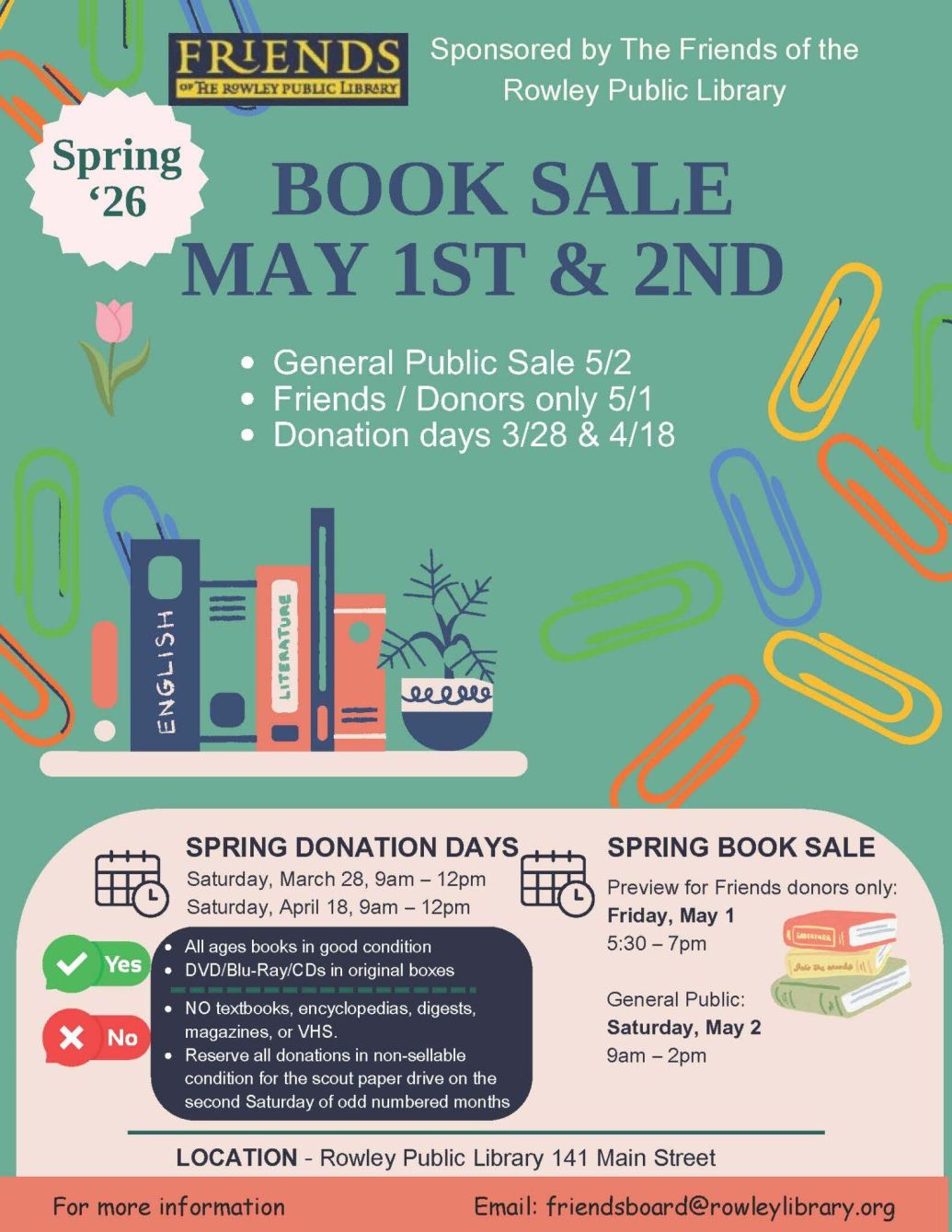 Rowley Public Library spring book sale graphic
